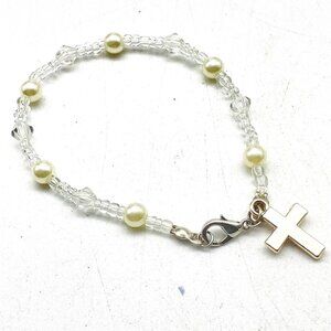 Faux Pearl Station Bracelet Beaded Cross Charm